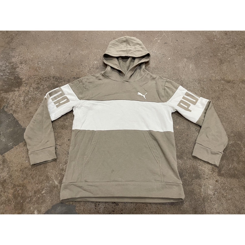 Puma Hoodie Mens Large Beige White Colorblock Fleece Pullover Graphic Logo‎